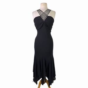 VTG Y2K Black Fairy Grunge Midi Dress Strappy Lattice Neckline Pixie Hem S/M